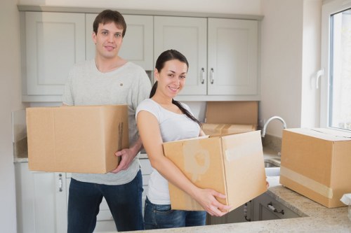Professional movers carrying boxes in a Paddington flat